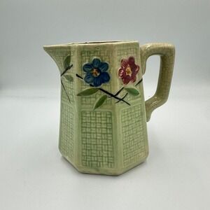 Vintage Green Floral Pitcher‎ Crackle Glaze Ceramic Octagonal Cottagecore Decor